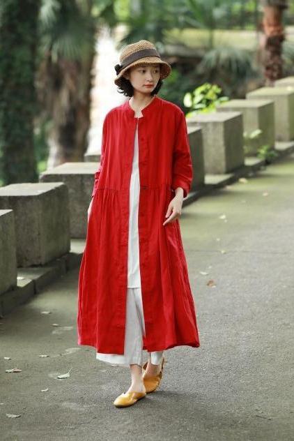 Loose Blue and Red Button Down Linen Maxi Dresses for