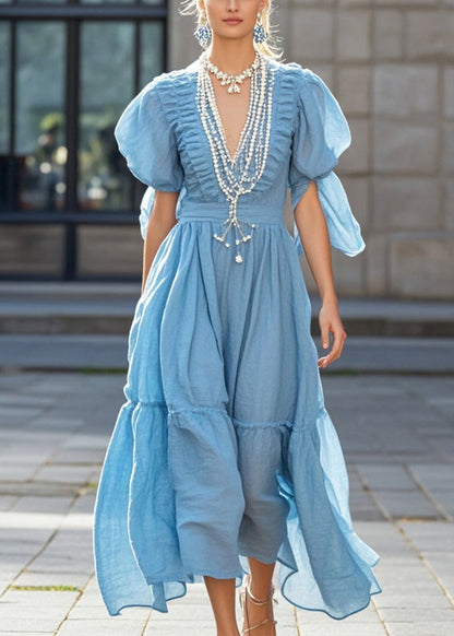 Sky Blue Puff Sleeve Nail Bead Cotton Long Dress