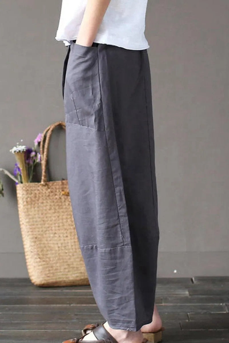 Gray Loose Cotton Linen Ankle Length Pants Outfits