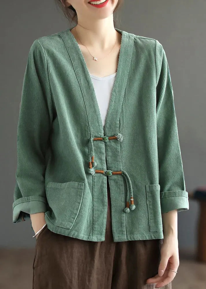 Green Tasseled Pockets Patchwork Corduroy Coat Fall