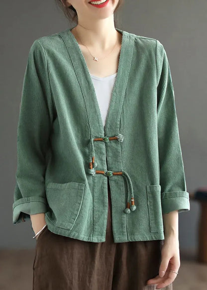 Green Tasseled Pockets Patchwork Corduroy Coat Fall