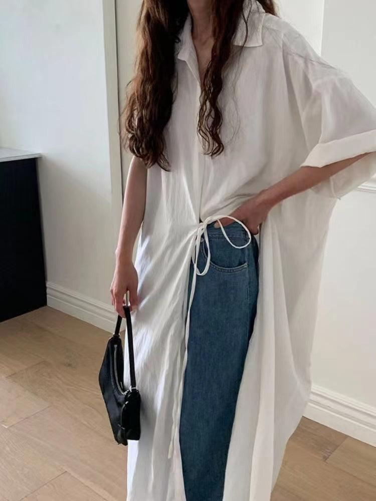 White Lapel Short Sleeve Shirt Dress