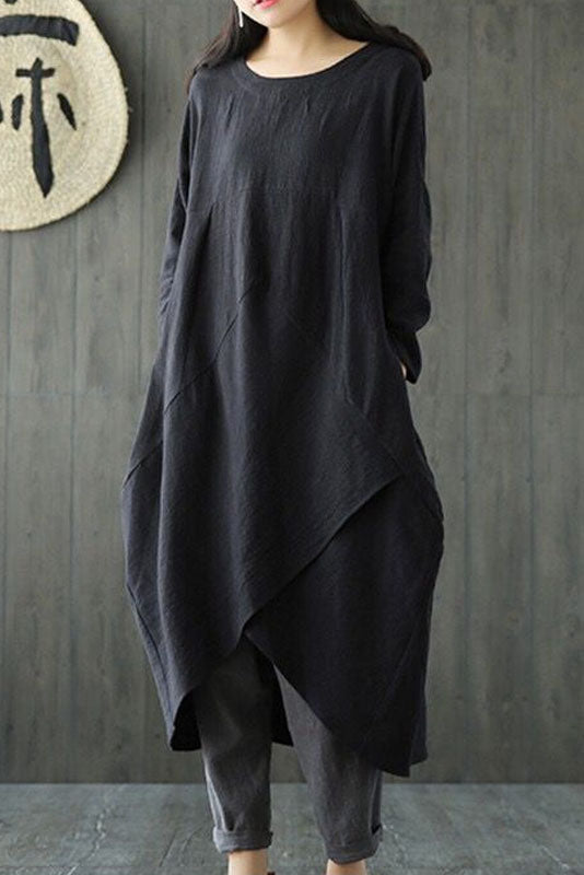 -new Loose Cotton Linen Dress Long Sleeve Dress