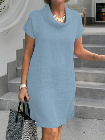 Tricolor Loose Waist Pile Collar Cotton Linen Pure Color Short-sleeved Sweet Sheath Dress