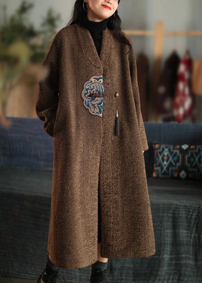 Unique White V Neck Embroidered Patchwork Winter Thick Coats Wool Overcoat