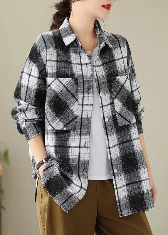 Black Pockets Plaid Cotton Shirts Coat Peter Pan Collar Fall