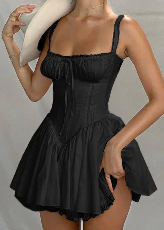 European and American Style Red Wrinkled Lace Patchwork Suspender Dress