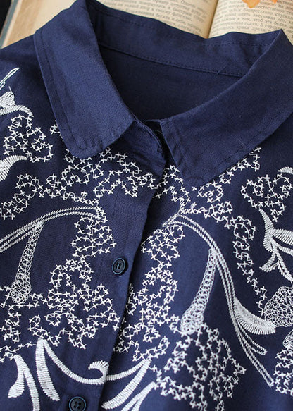 Classy Navy Peter Pan Collar Embroidered Cotton Blouses Long Sleeve