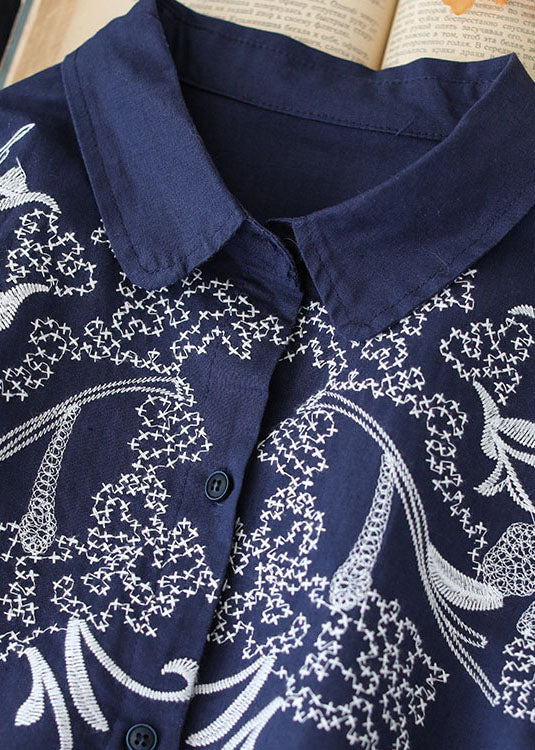 Classy Navy Peter Pan Collar Embroidered Cotton Blouses Long Sleeve