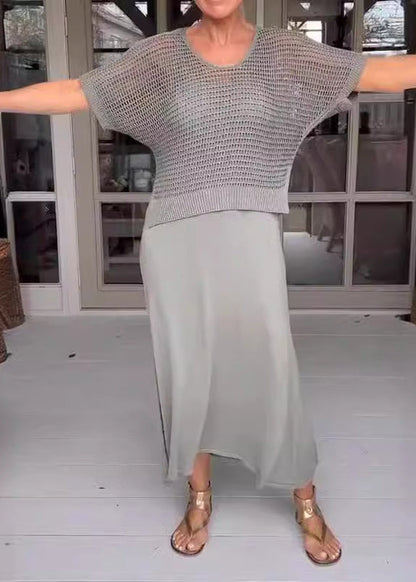 Apricot Knit Top and Spaghetti Strap Dress Two-piece Set Summer