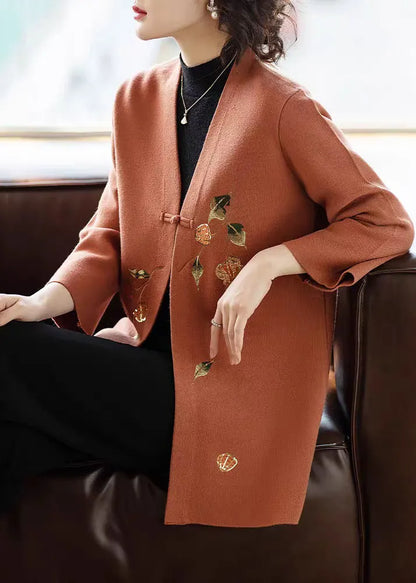 Orange Print Button Woolen Cardigan V Neck Fall