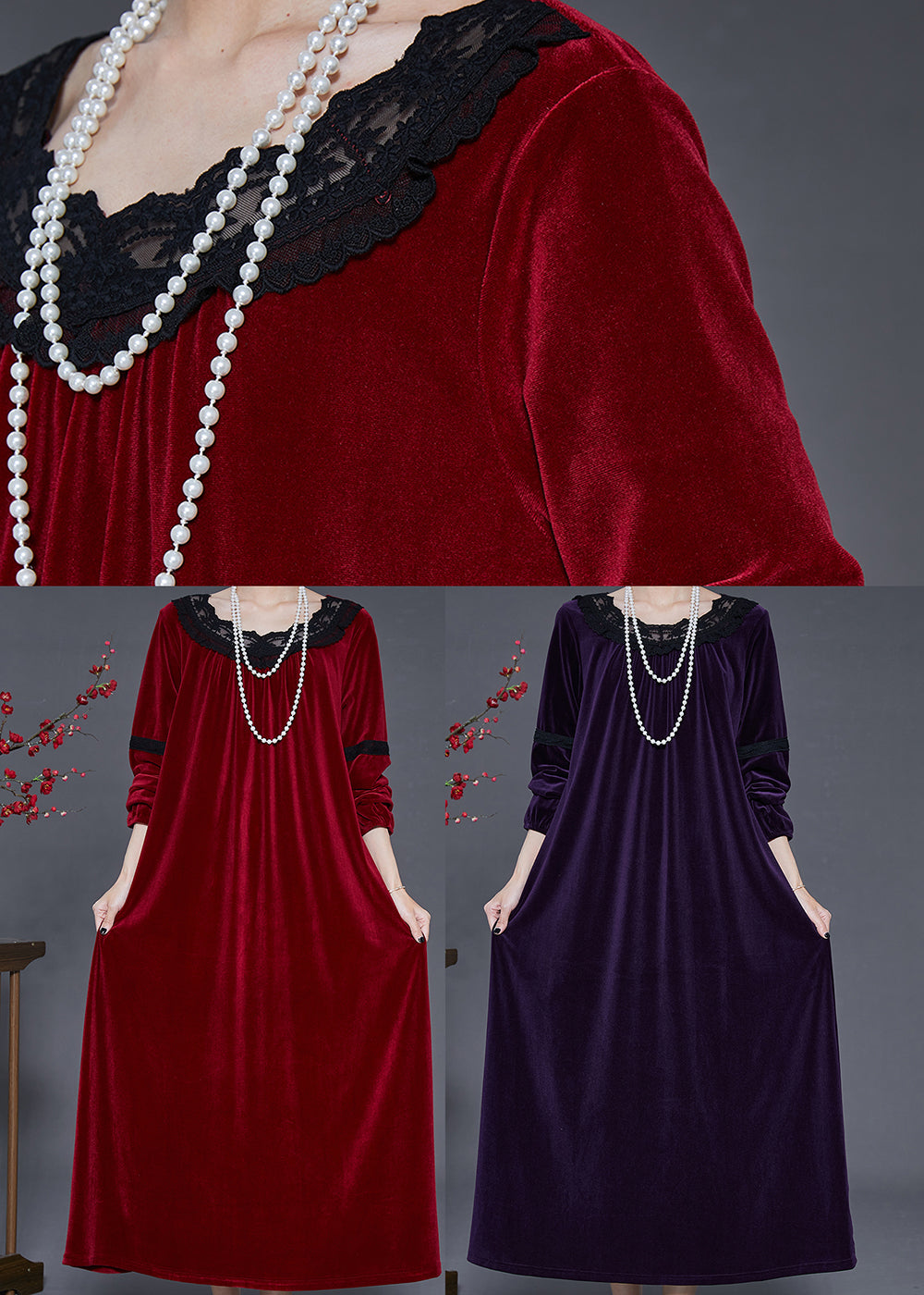 Mulberry Oversized Patchwork Lace Silk Velvet Dress Fall