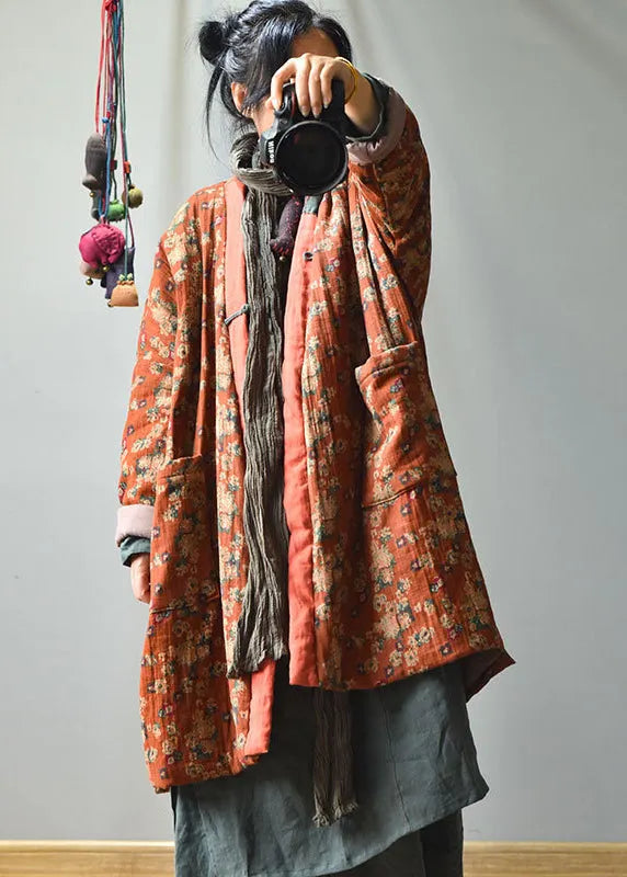 Purple V Neck Pockets Print Fine Cotton Filled Winter Coats