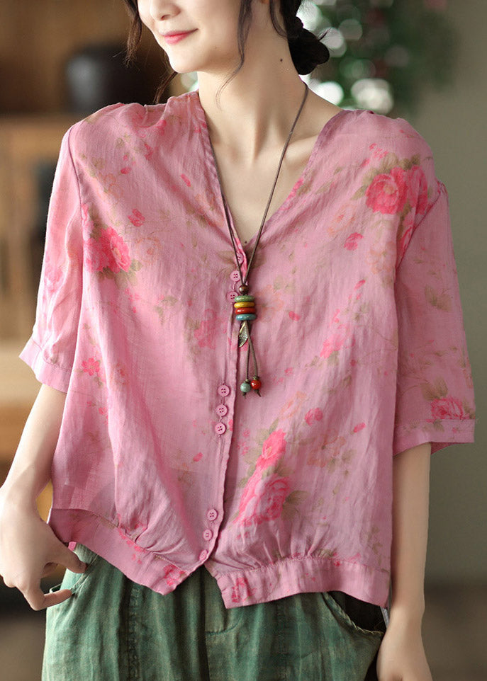 Italian Pink Geometry V Neck Print Button Linen Top Half Sleeve