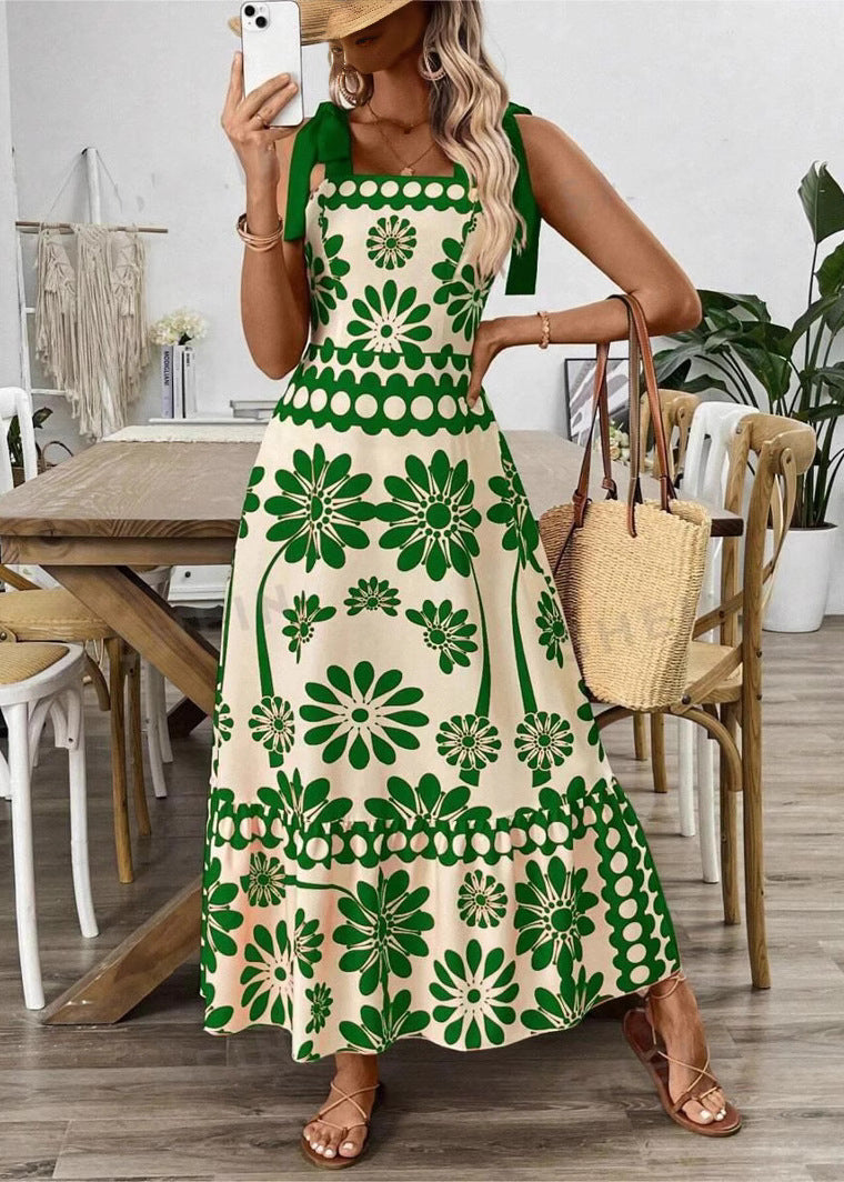 Unique Green Print Lace Up Cotton Spaghetti Strap Dress Summer