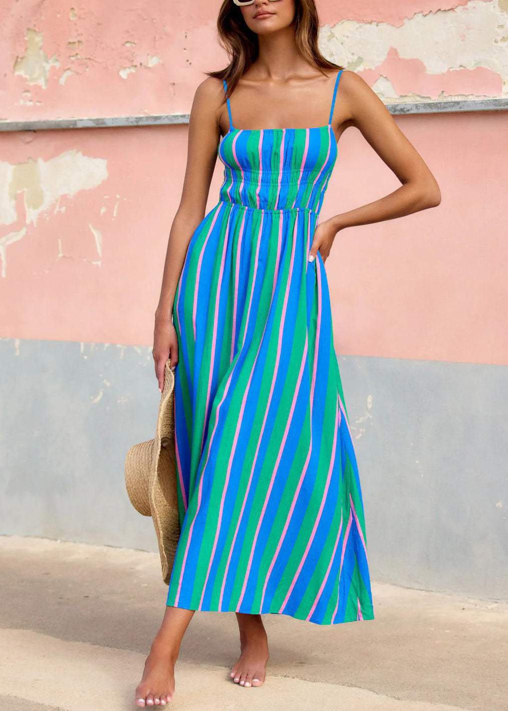 Green Striped Holiday Cotton Spaghetti Strap Dress Summer