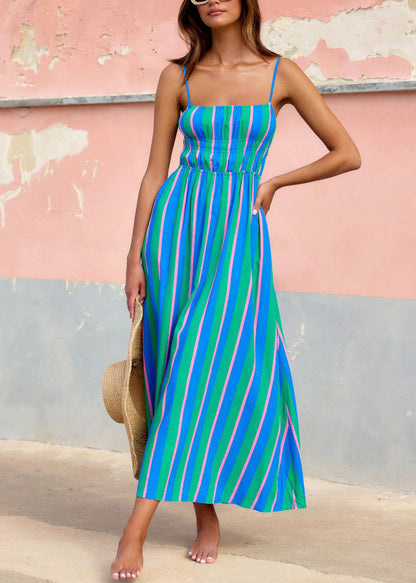 Green Striped Holiday Cotton Spaghetti Strap Dress Summer