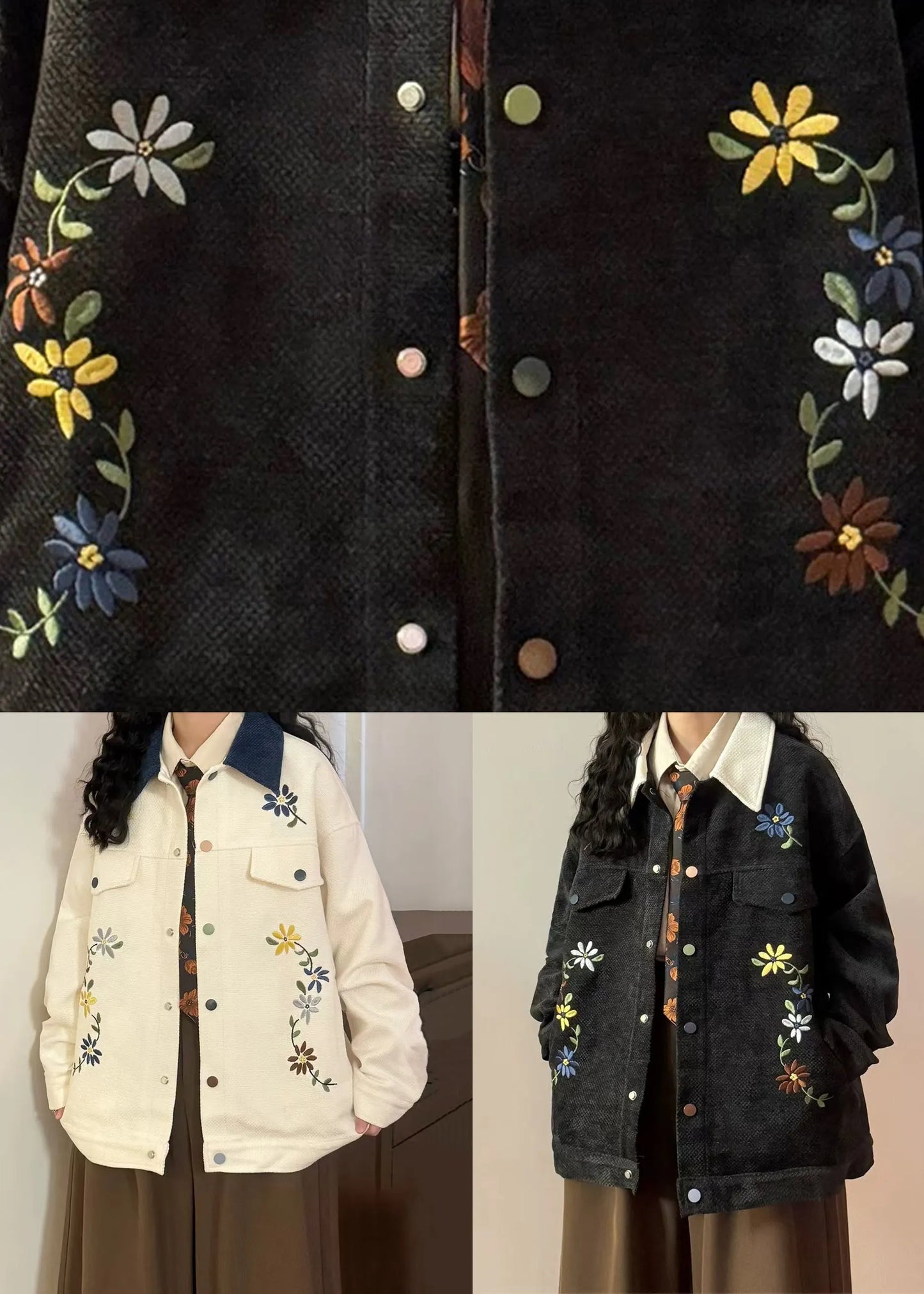 Loose Beige Peter Pan Collar Embroidered Cotton Coats Spring