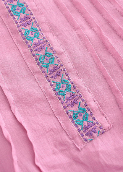 Pink Linen Tops and Pants Two Pieces Set Wrinkled Embroidered Short Sleeve