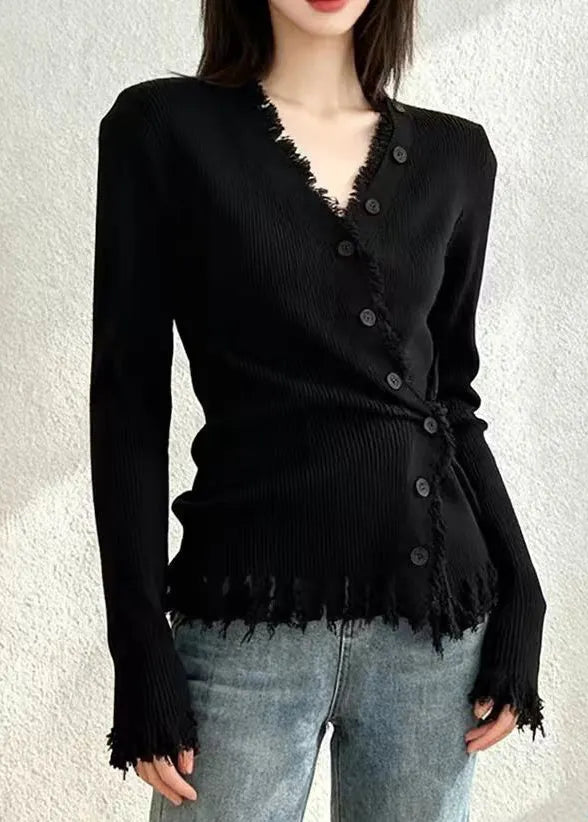 Coffee V Neck Button Cotton Knit Cardigans Spring