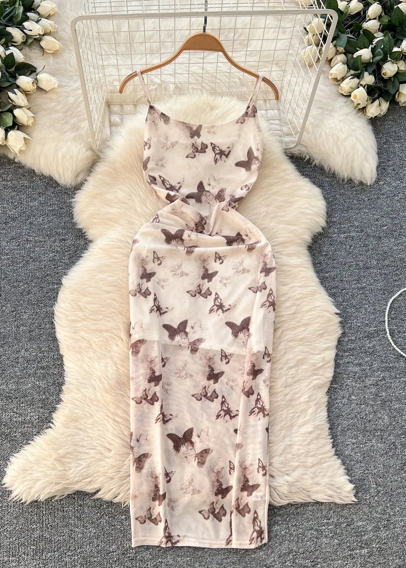 Beige Butterfly Side Open Tulle Summer Dress