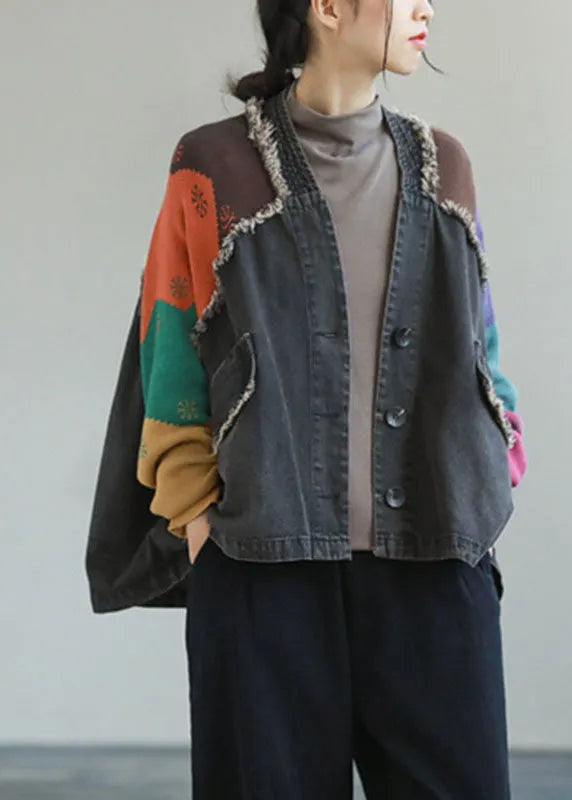 Unique Blue Denim Patchwork Knit Pockets Button Fall Coat Long Sleeve