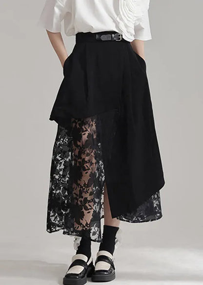 Novelty Black Asymmetrical Pockets Tulle Patchwork Skirts Summer