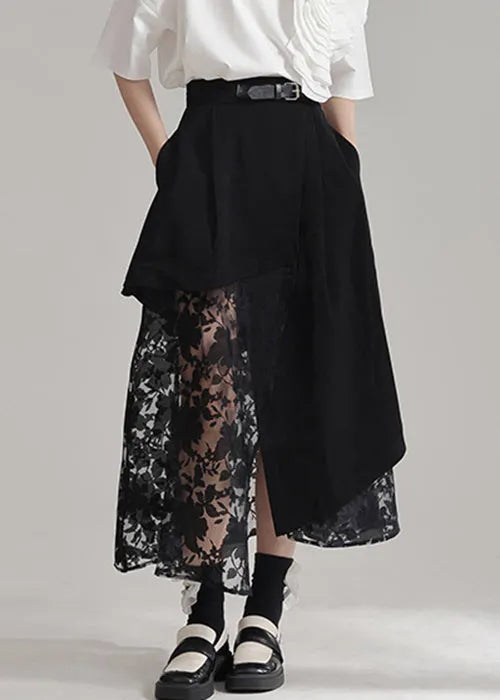 Novelty Black Asymmetrical Pockets Tulle Patchwork Skirts Summer
