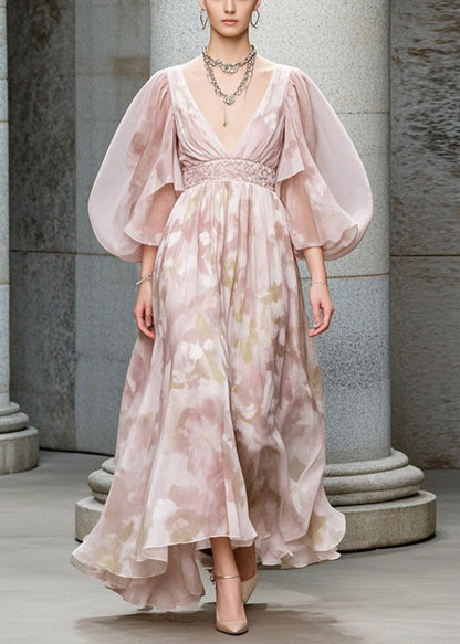 Light Pink Puff Sleeve Print Chiffon Cinched Dress