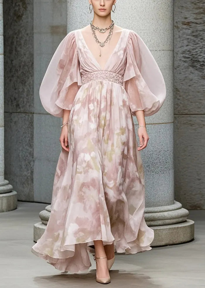 Light Pink Puff Sleeve Print Chiffon Cinched Dress