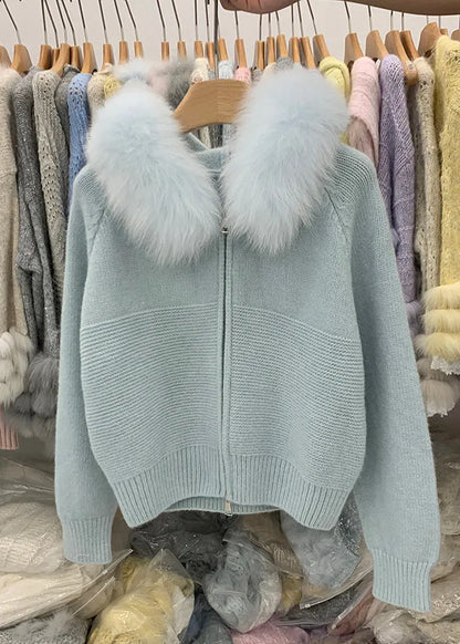 Art Blue Hooded Fox Collar Patchwork Knit Coat Winter