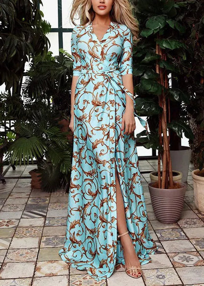 Classy Green Print Lace Up Side Open Cotton Long Dresses Summer