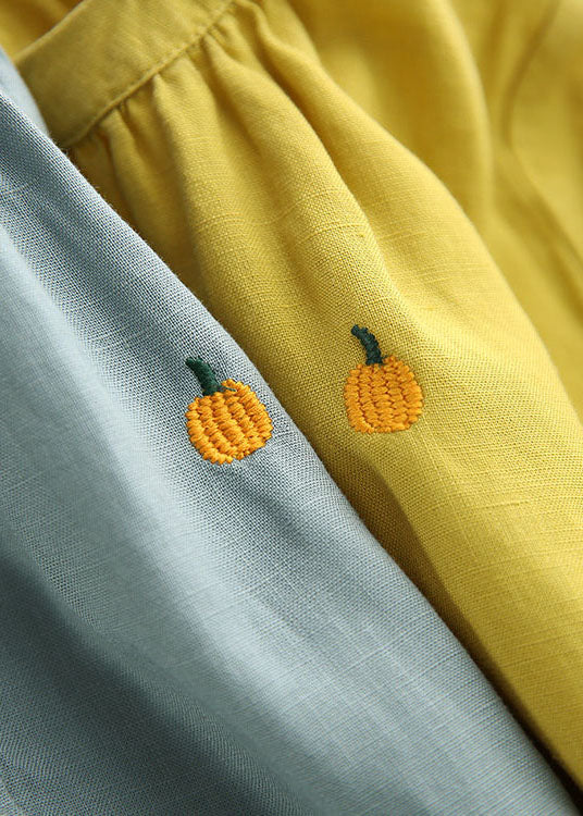 Yellow O-neck Embroidered Cotton Shirt Top Summer