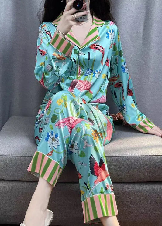 Blue Striped Print Button Ice Silk Pajamas Two Pieces Set Spring