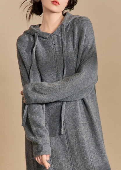 New Grey Hooded Hollow Out Knit Long Dress Winter