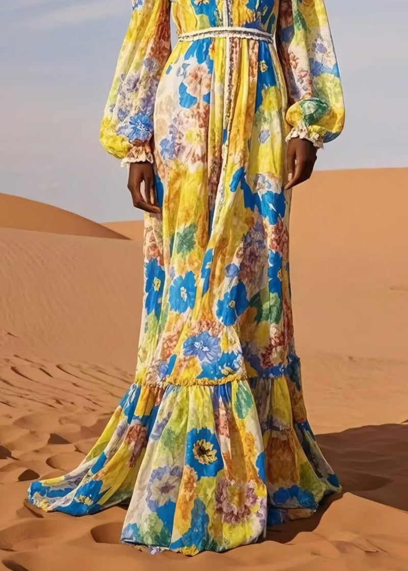 Yellow V Neck Print Chiffon Beach Dress Spring