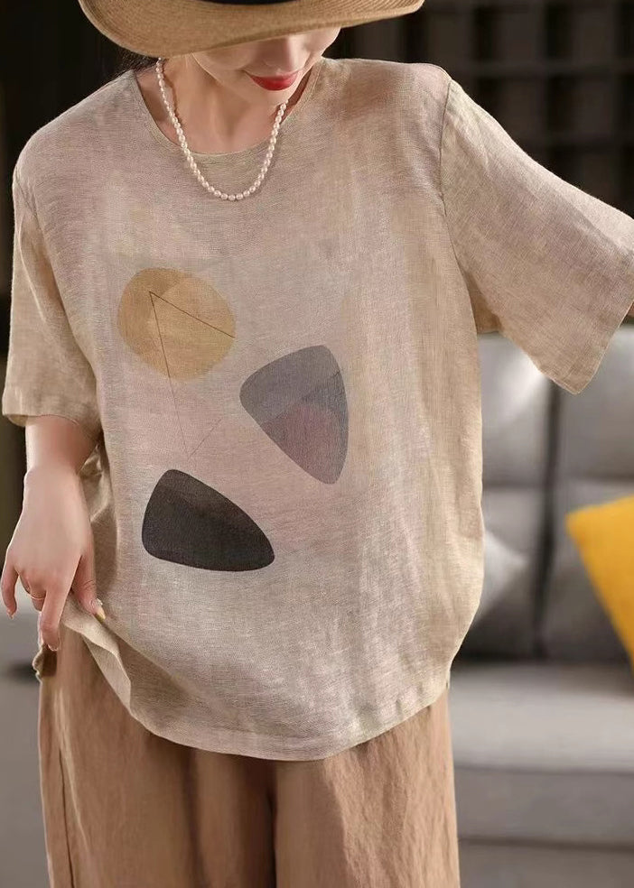 Dark Grey Print Linen Summer Pullover T Shirt O Neck