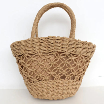 Summer New Hot Basket Woven Straw Braided With Top Handle Handbags Shopping Party Bucket Clutch