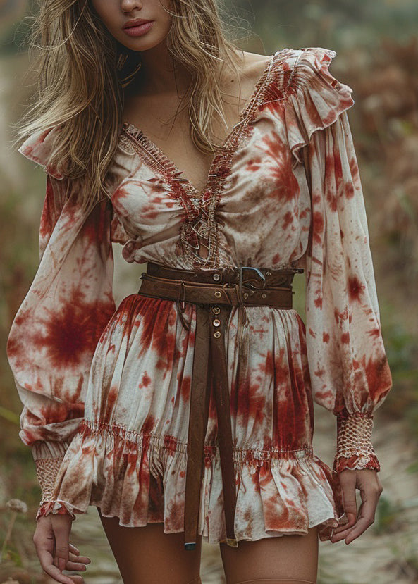 V Neck Ruffled Tie Dye Cotton Mini Dress Long Sleeve