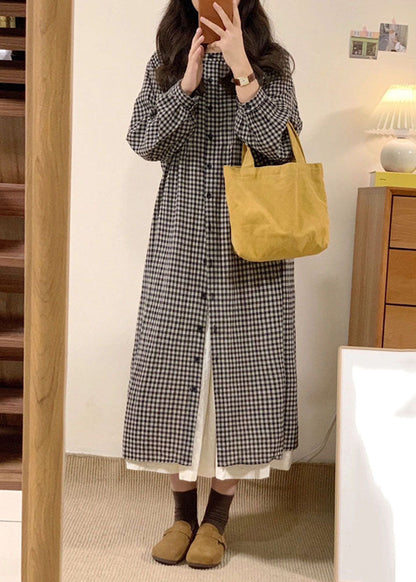 Apricot Plaid O-neck Button Long Shirts Dresses Spring