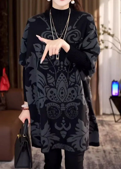 Black Hign Neck Thick Print Knit Sweater Winter