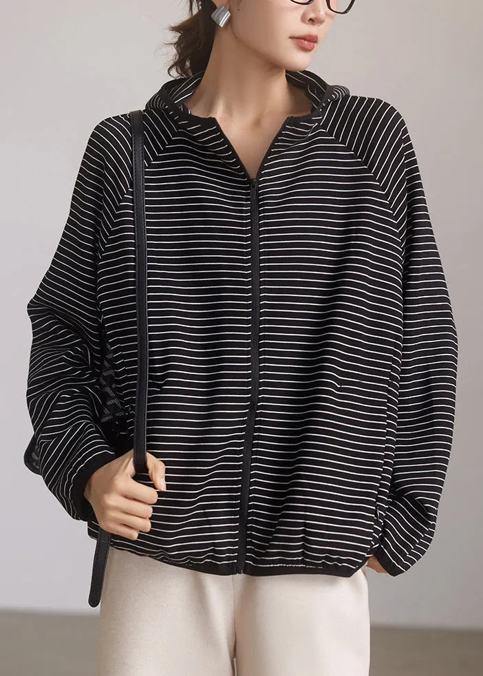 Striped Hooded Zippered Pockets Cotton Coat Spring