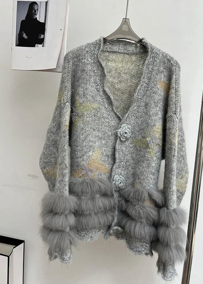 Modern Light Grey V Neck Fur Cotton Knit Cardigans Spring