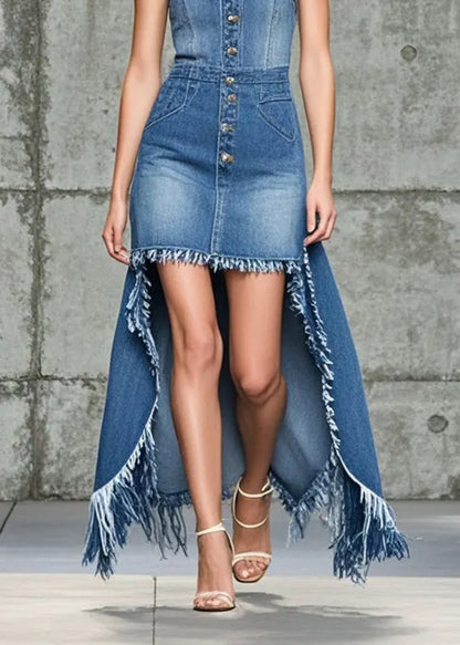 Blue Tasseled Low High Design Denim Sundress Summer