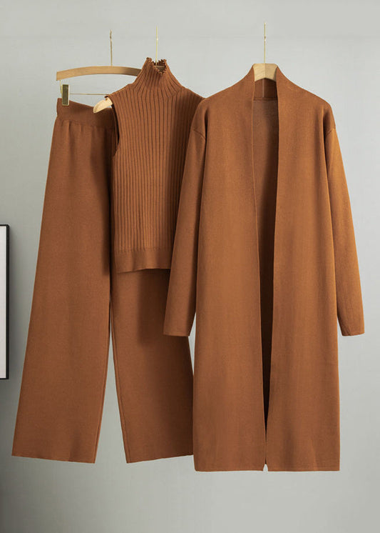 Autumn New Caramel Knitted Cardigan and High Neck Sweater and Wide Leg Pants Three Piece Set