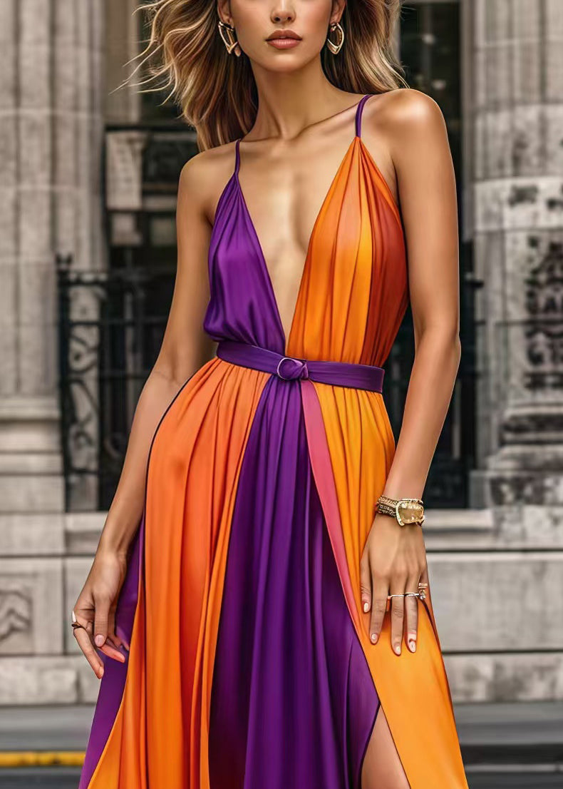 Colorblock Cinched Patchwork Chiffon Spaghetti Strap Dress Summer