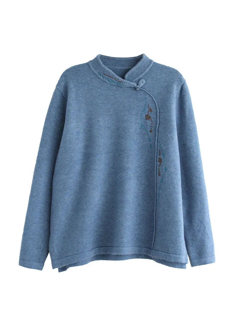 Blue Stand Collar Embroidered Thick Knitted Sweater Long Sleeve
