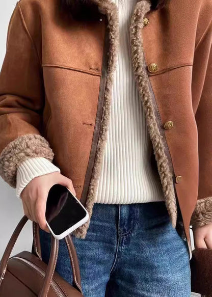 Coffee O Neck Pockets Fleece Wool Lined Faux Suede Coat Winter