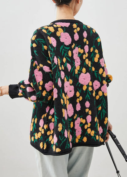 Black Jacquard Knit Cardigan O-neck Winter