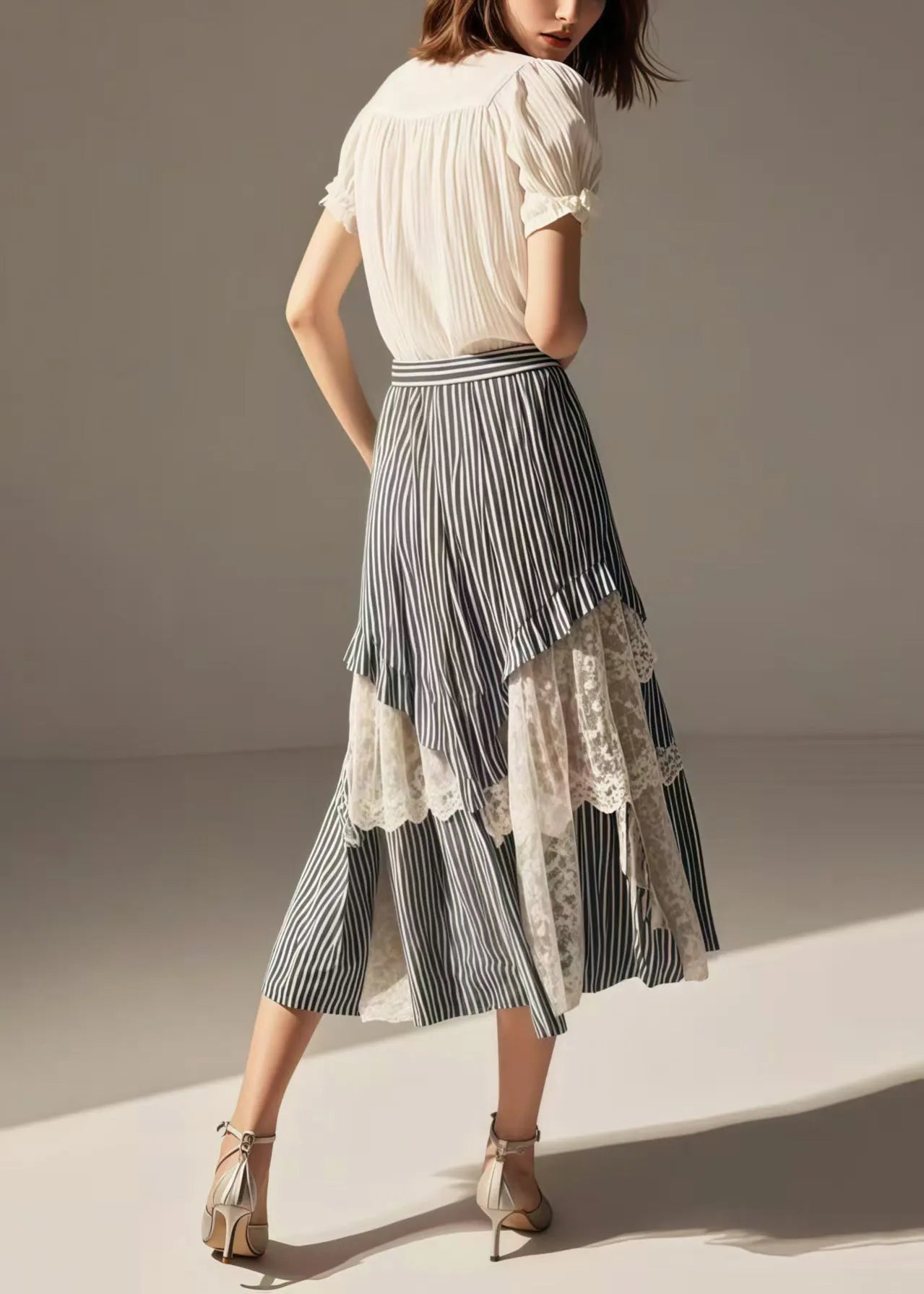 Blue Striped Asymmetrical Patchwork Lace Skirts Summer